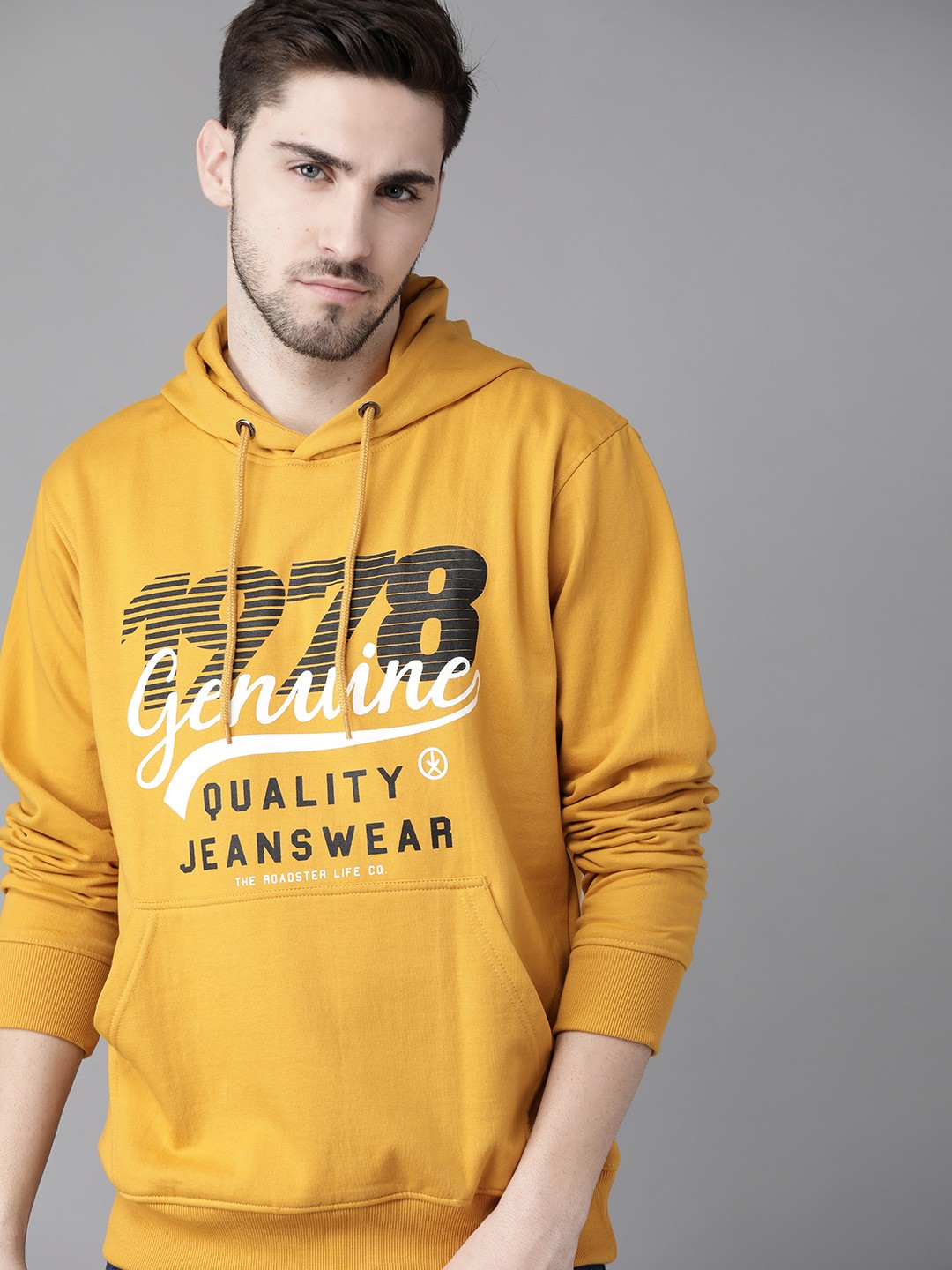 

Roadster Men Mustard Yellow Printed Hooded Sweatshirt
