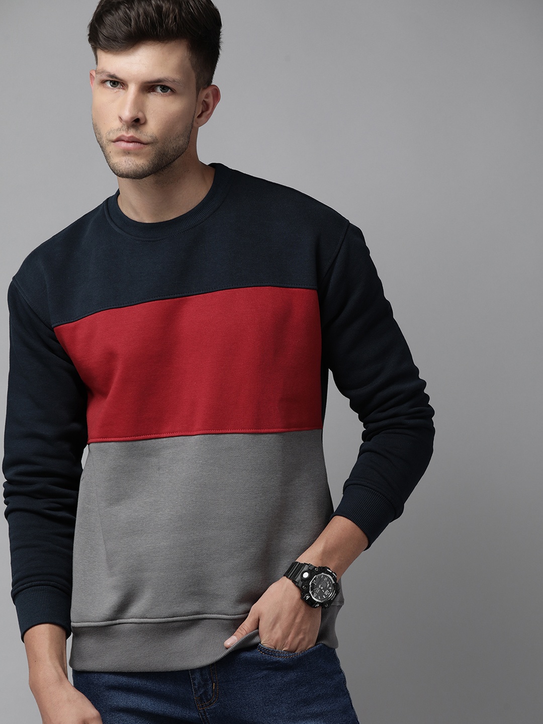 

Roadster Men Navy Blue & Red Colourblocked Sweatshirt