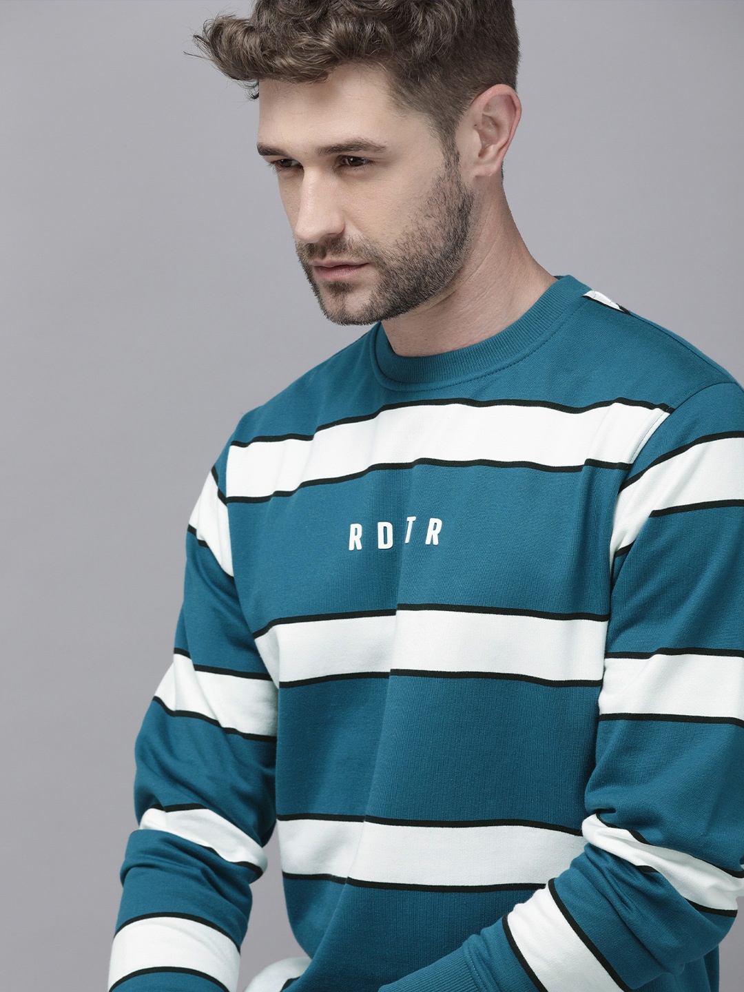 

Roadster Men Teal Blue & White Striped Pullover Sweatshirt