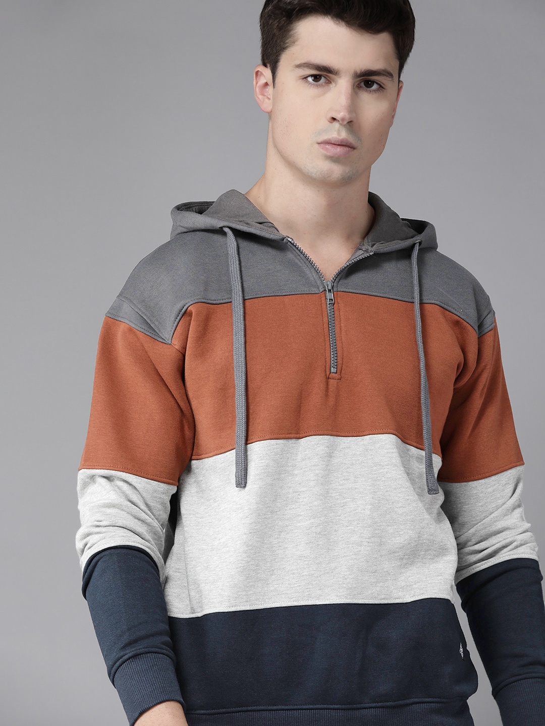 

Roadster Men Charcoal Grey Melange & Rust Brown Colourblocked Hooded Sweatshirt