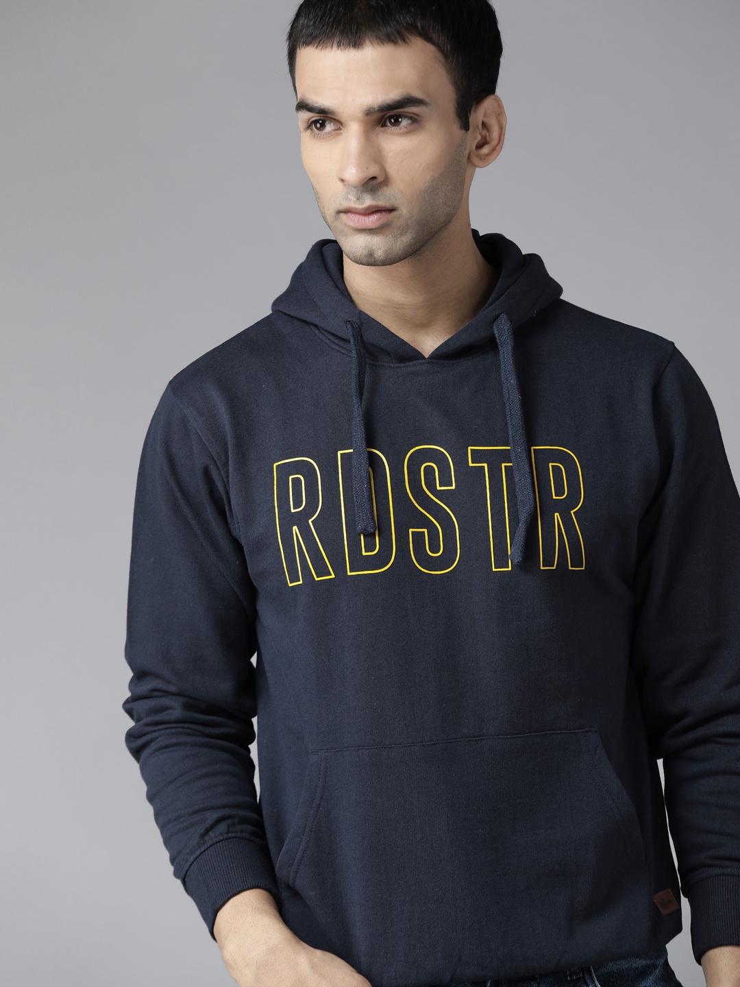 

Roadster Men Navy Blue & Yellow Printed Hooded Sweatshirt