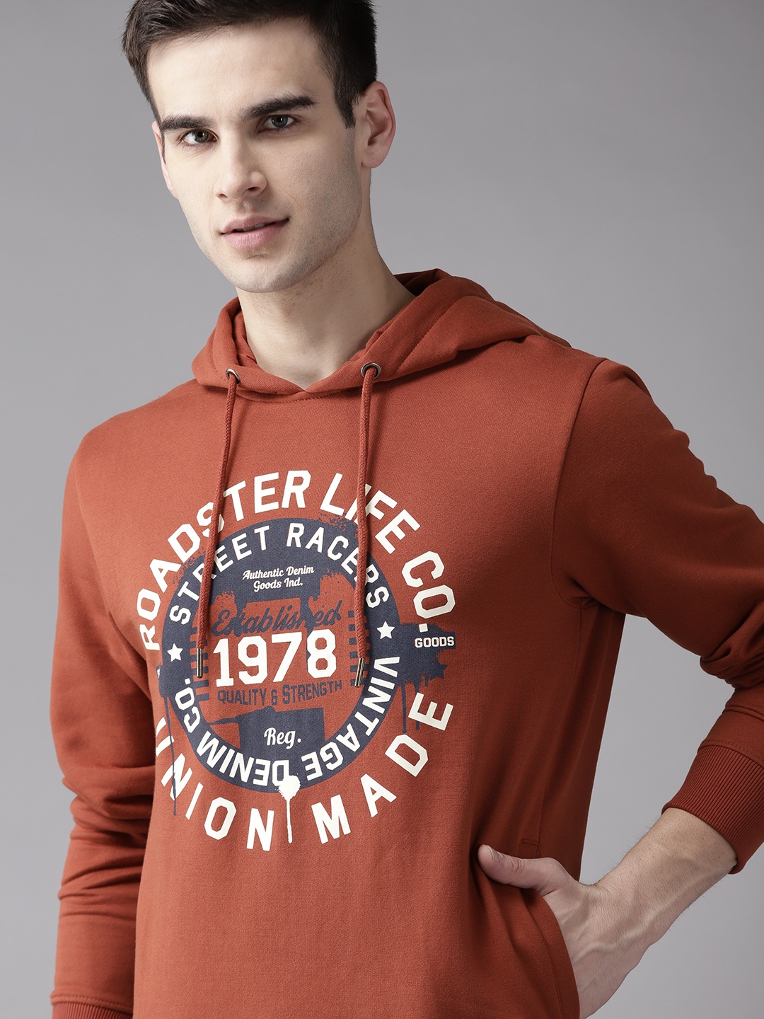 

Roadster Men Rust Red Printed Hooded Sweatshirt