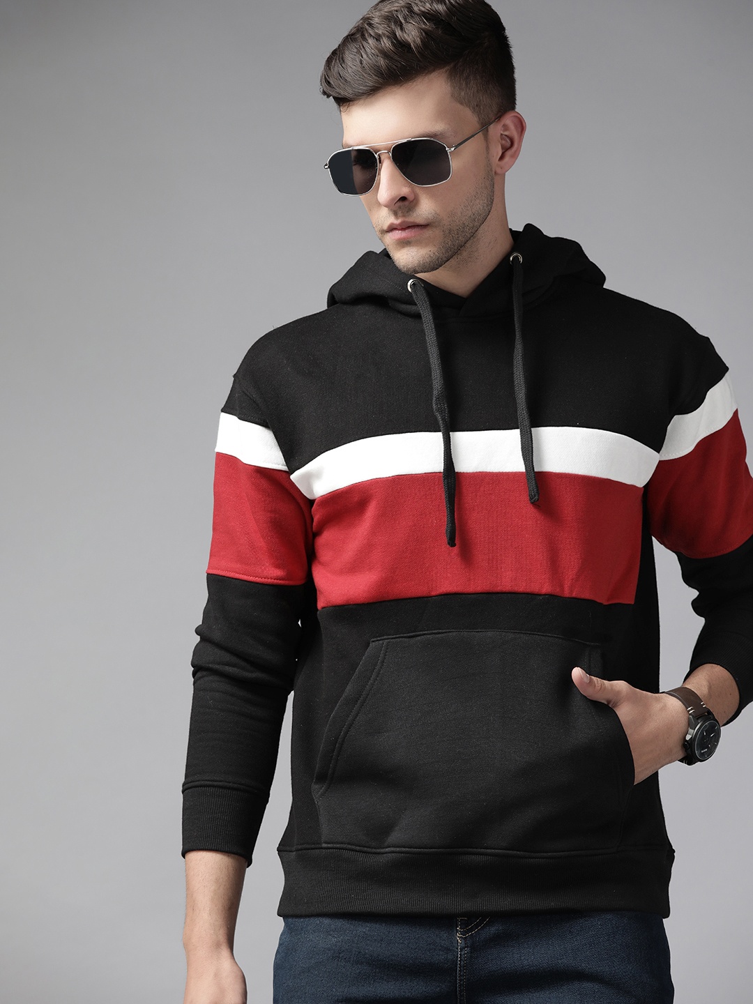 

The Roadster Lifestyle Co. Men Black & Red Striped Hooded Sweatshirt