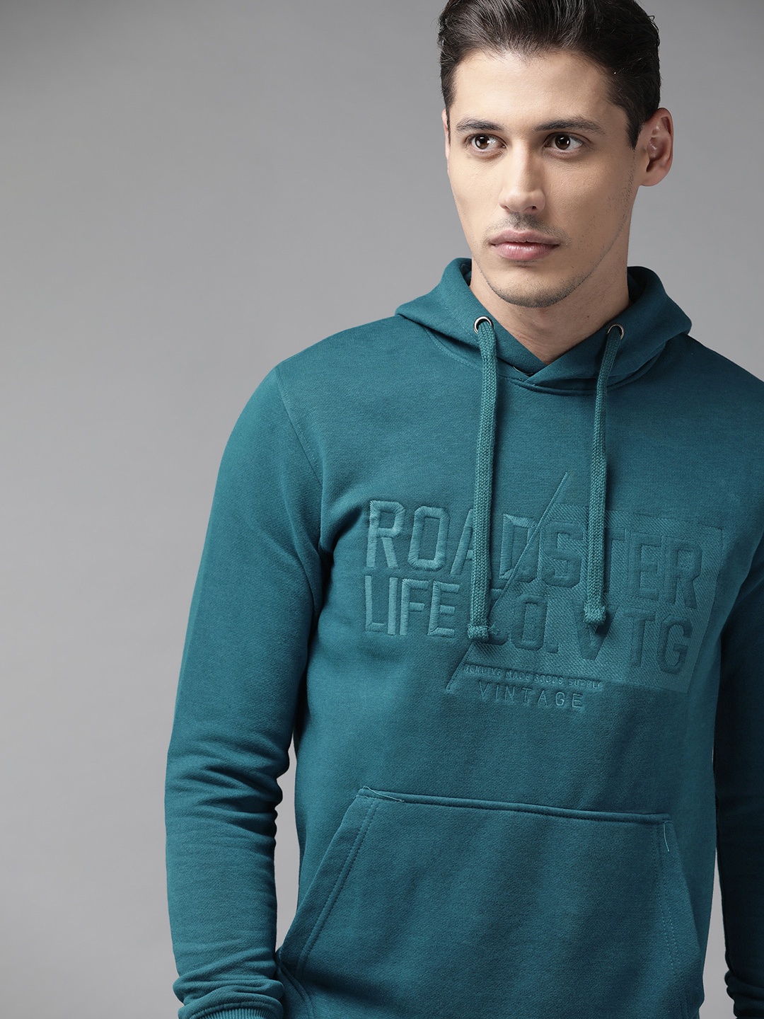 

Roadster Men Teal Blue Brand Logo Embroidered Hooded Sweatshirt