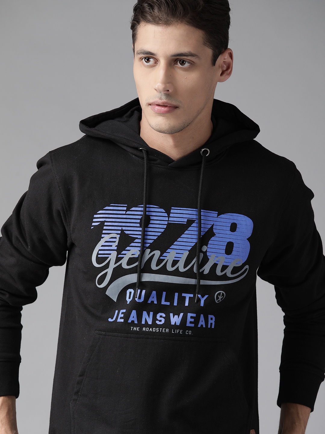 

Roadster Men Black & Blue Printed Hooded Sweatshirt