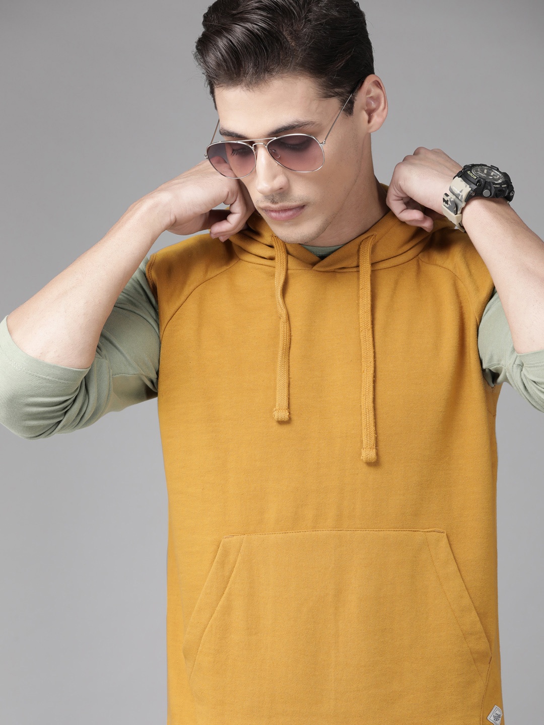 

Roadster Men Mustard Yellow Solid Hooded Sweatshirt