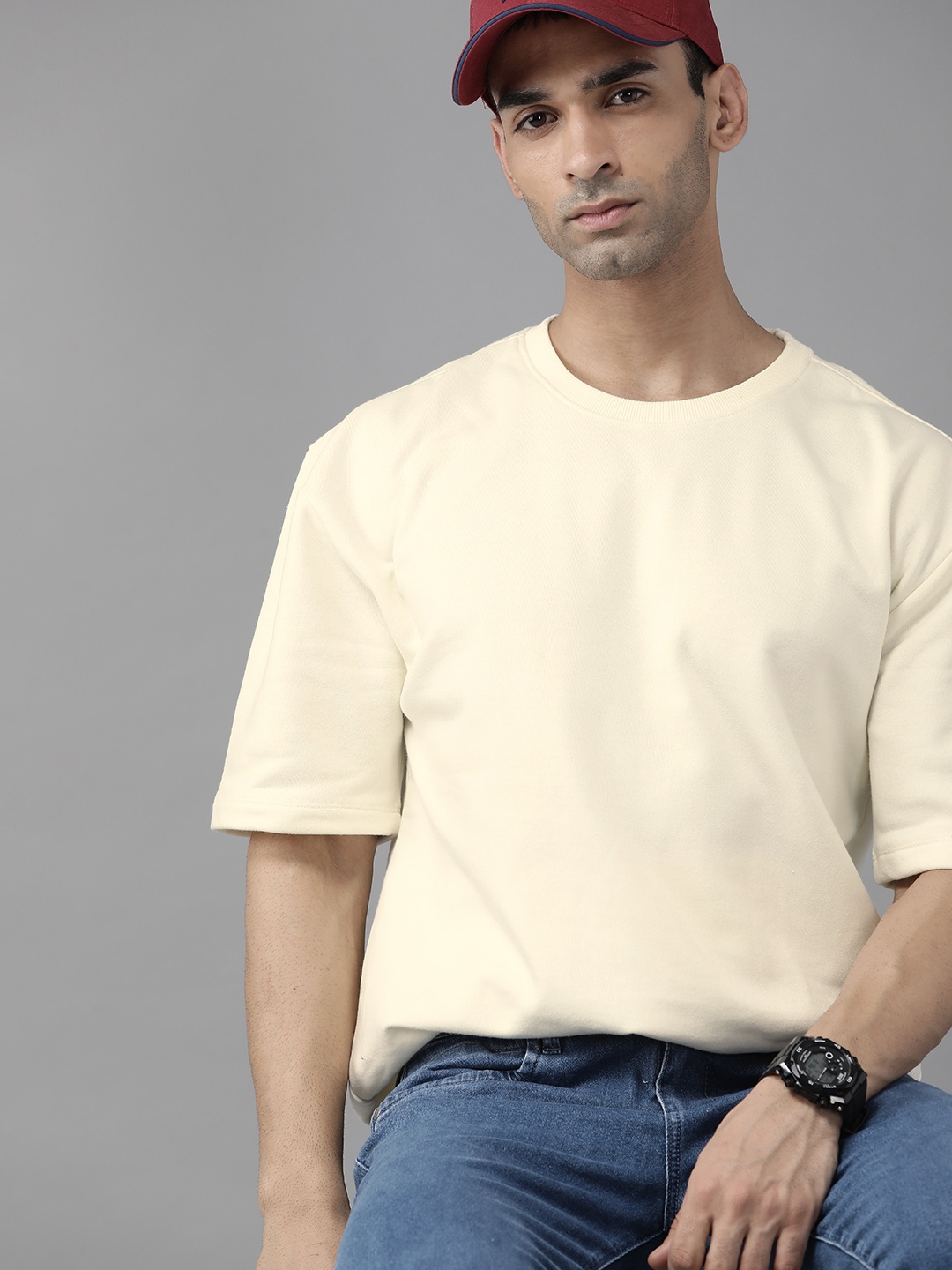 Roadster Men Cream-Coloured Solid Sweatshirt