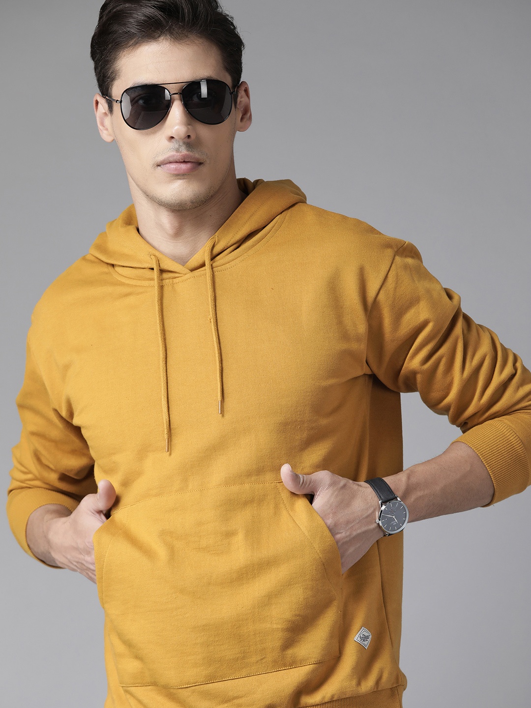 

Roadster Men Mustard Yellow Solid Hooded Sweatshirt