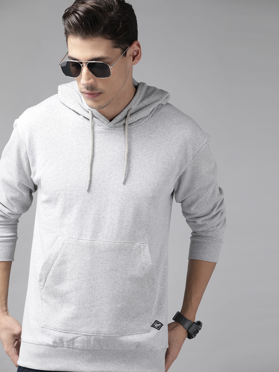 

Roadster Men Grey Melange Solid Hooded Sweatshirt