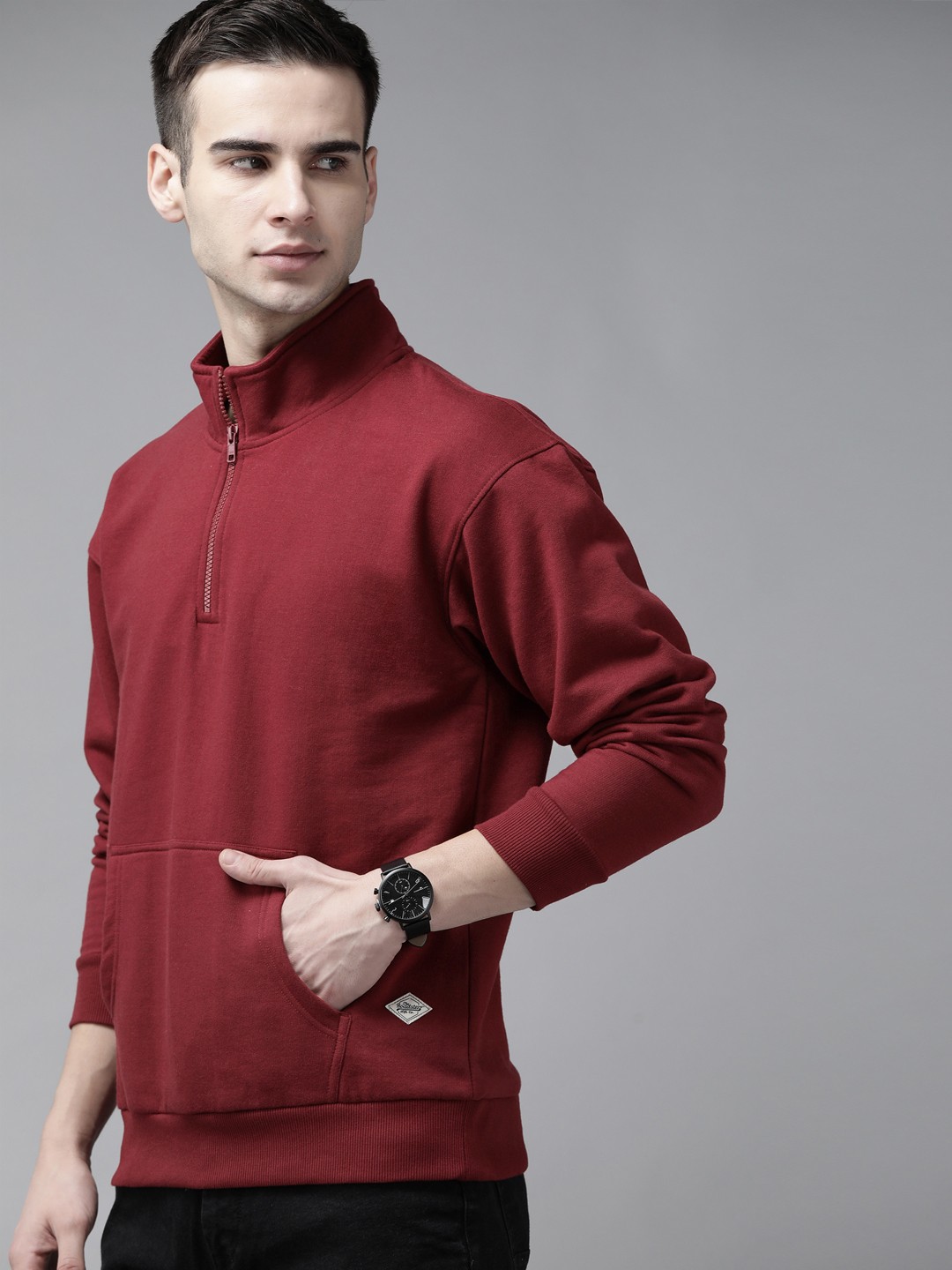 

Roadster Men Maroon Solid Mock Collar Kangaroo Pocket Sweatshirt