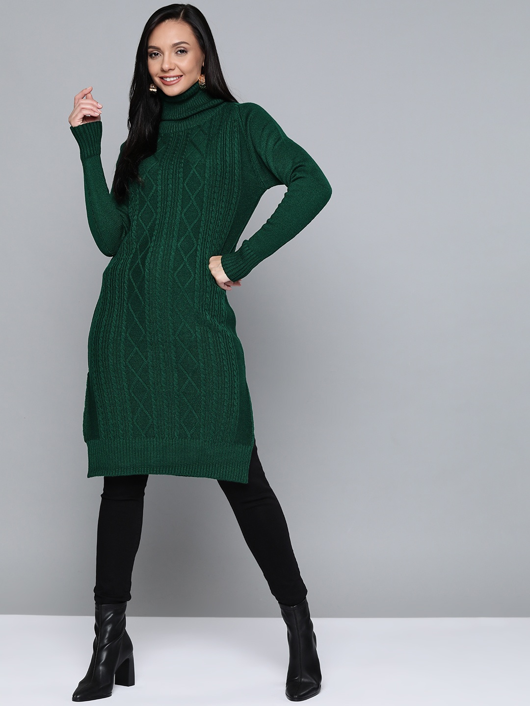 

HERE&NOW Women Green Cable Knit Longline Pullover