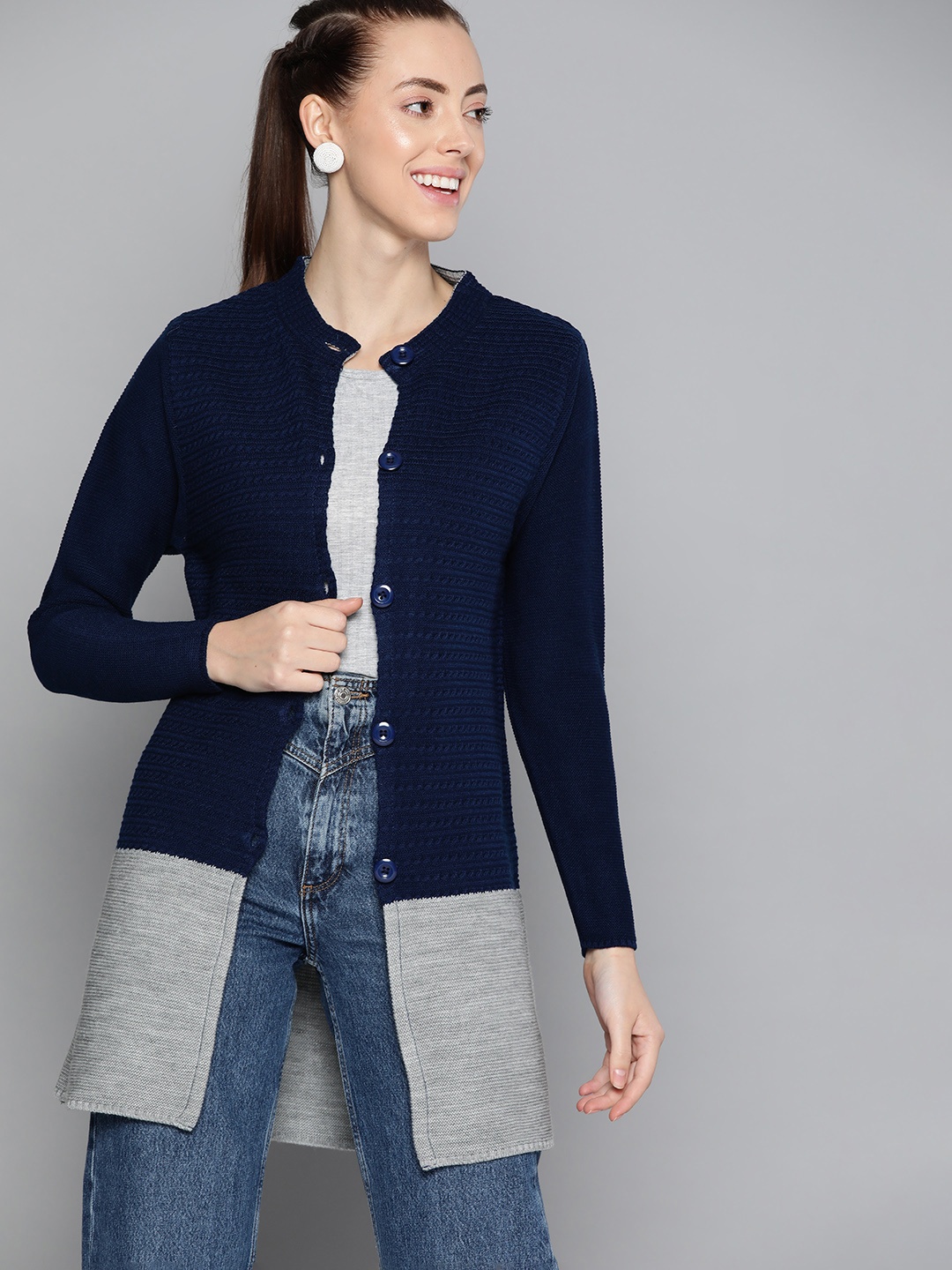 

HERE&NOW Women Navy Blue & Grey Colourblocked Longline Cardigan
