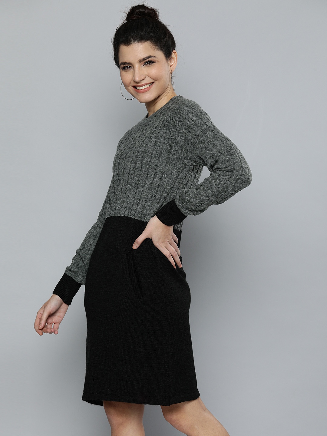 

HERE&NOW Women Grey & Black Colourblocked Sweater Dress