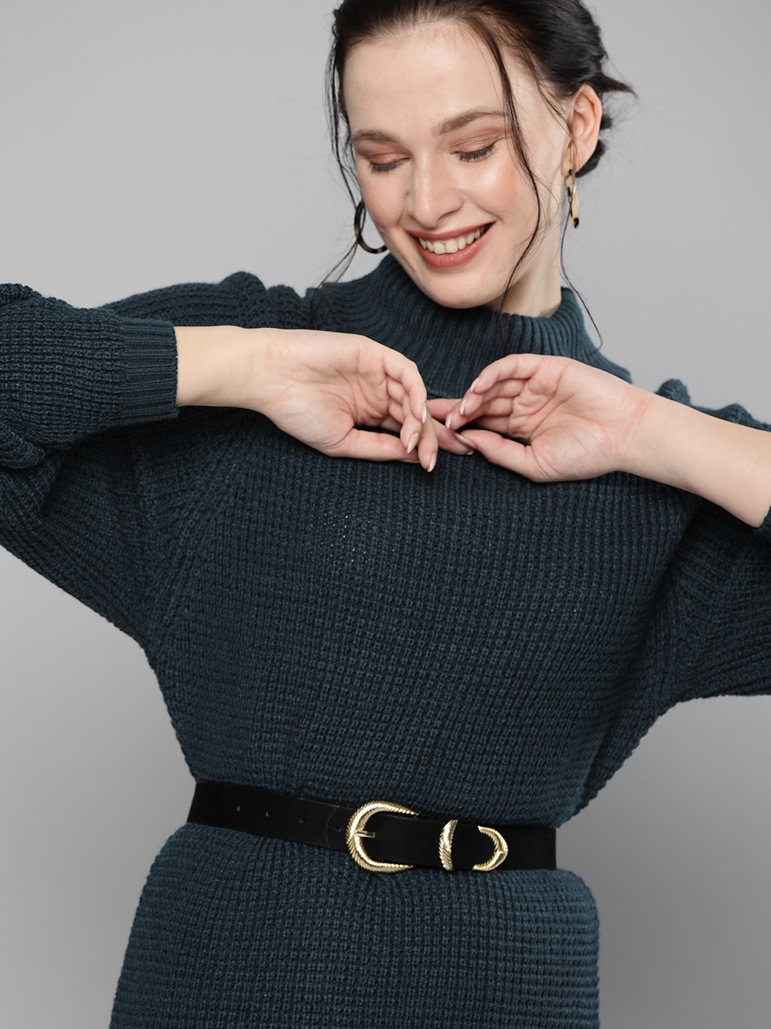 

HERE&NOW Navy Blue Self Design Sweater Dress