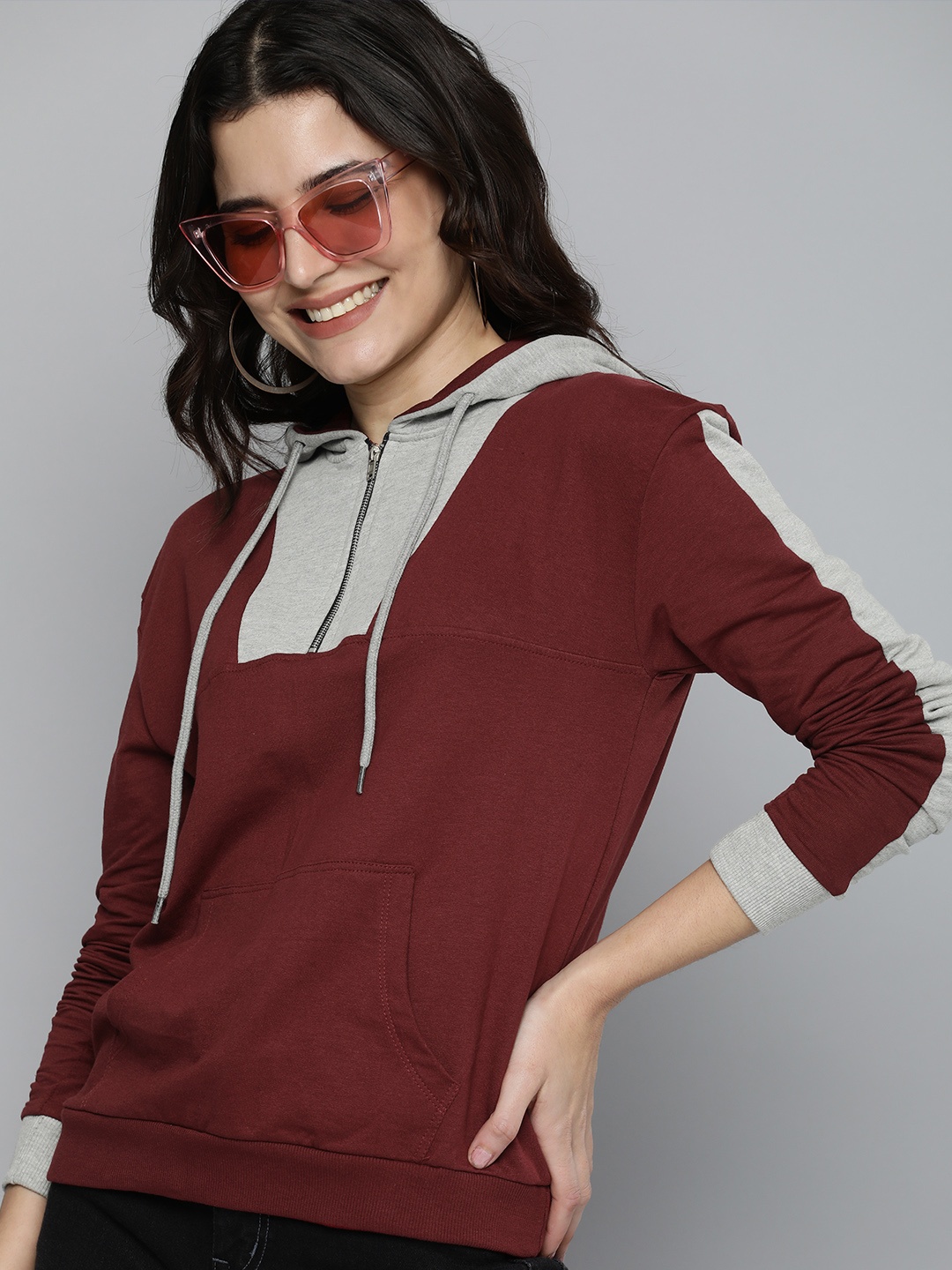 

HERE&NOW Women Maroon & Grey Melange Colourblocked Hooded Sweatshirt