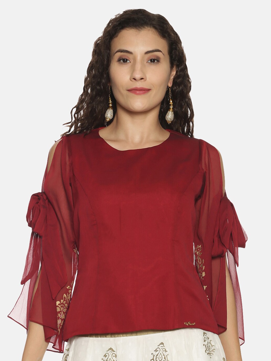 

Ira Soleil Maroon Ruffles Chiffon Regular Top