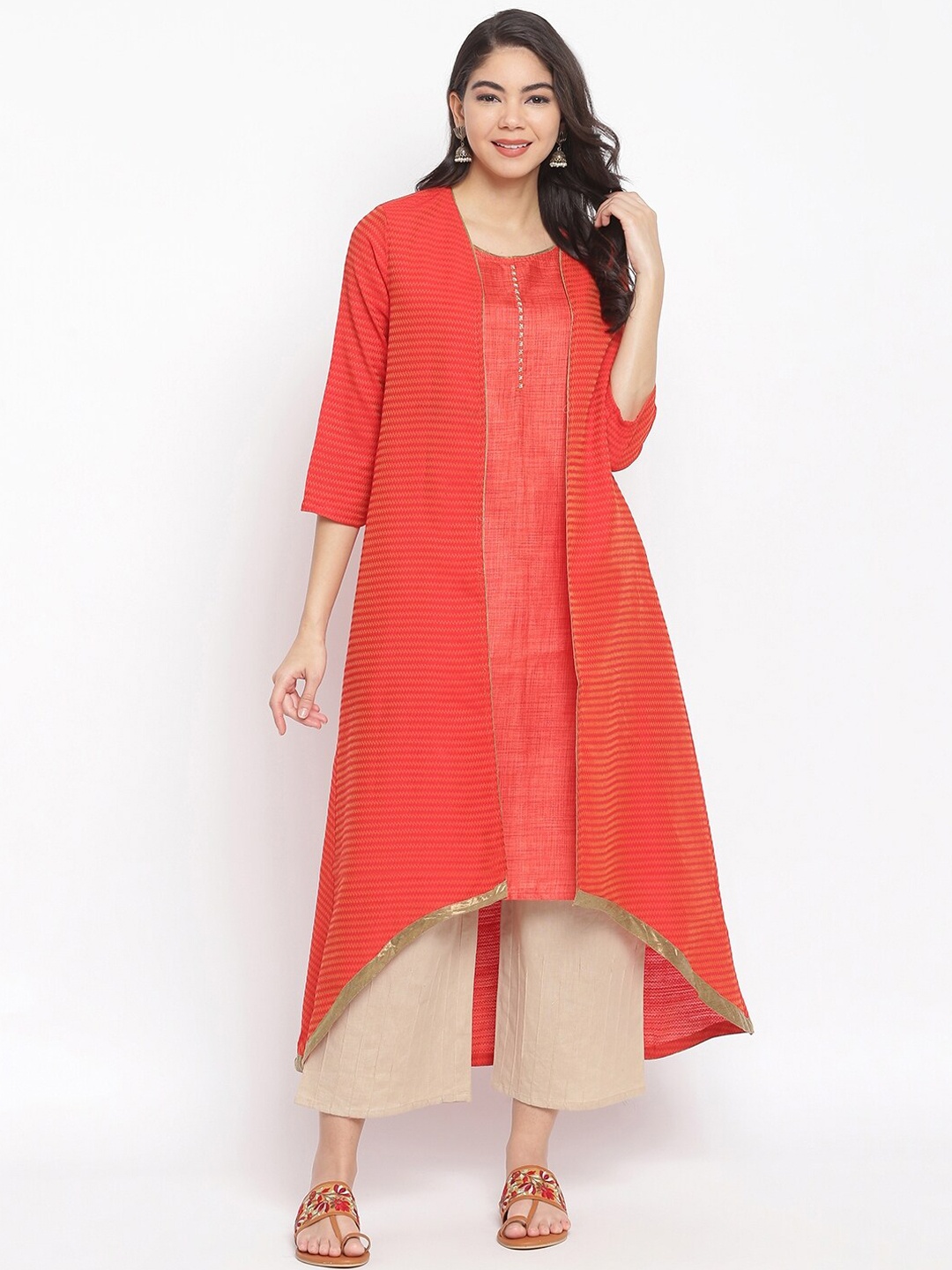 

IMARA Women Orange Flared Sleeves Thread Work Kurta