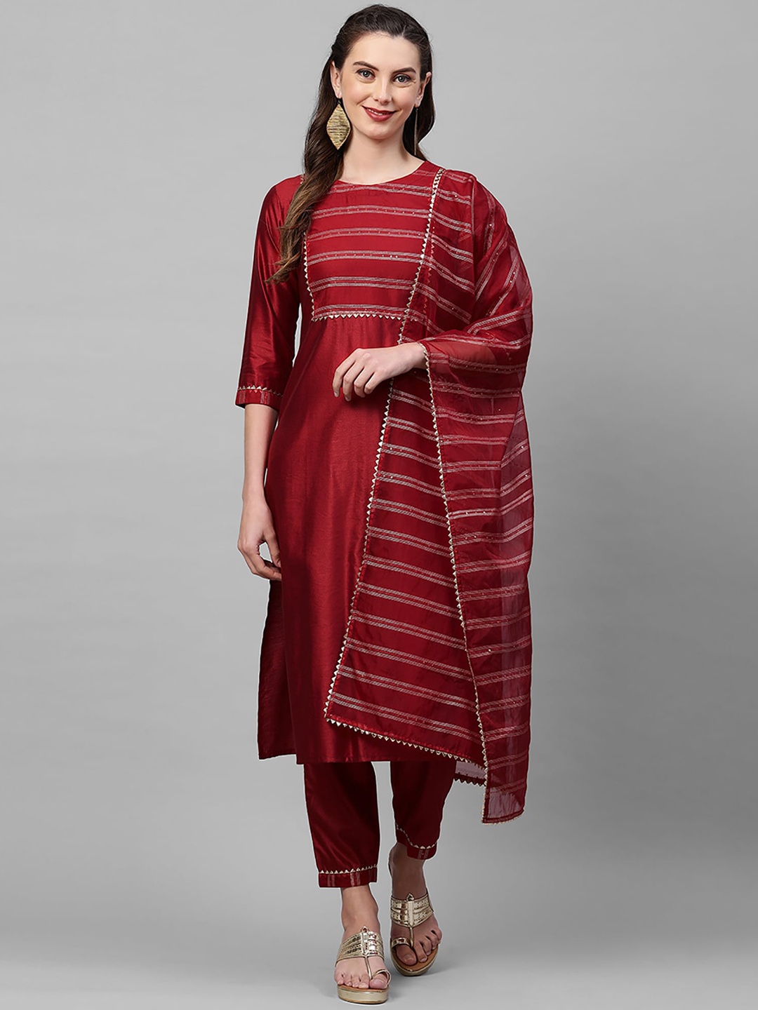 

Indo Era Women Red Yoke Design Liva Kurta with Trousers & Dupatta