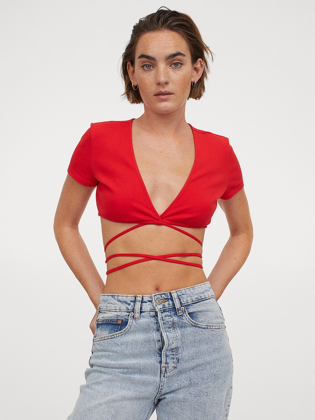 

H&M Women Red Cropped Wrapover Top