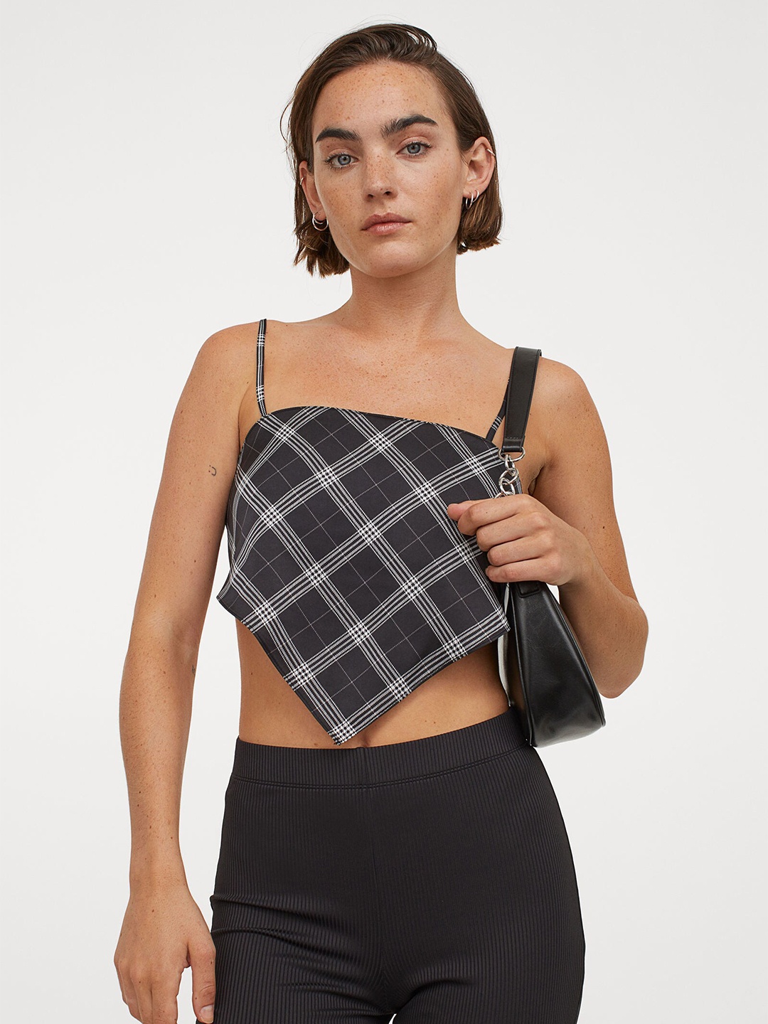 

H&M Women Black & White Checked Irregular Satin Top