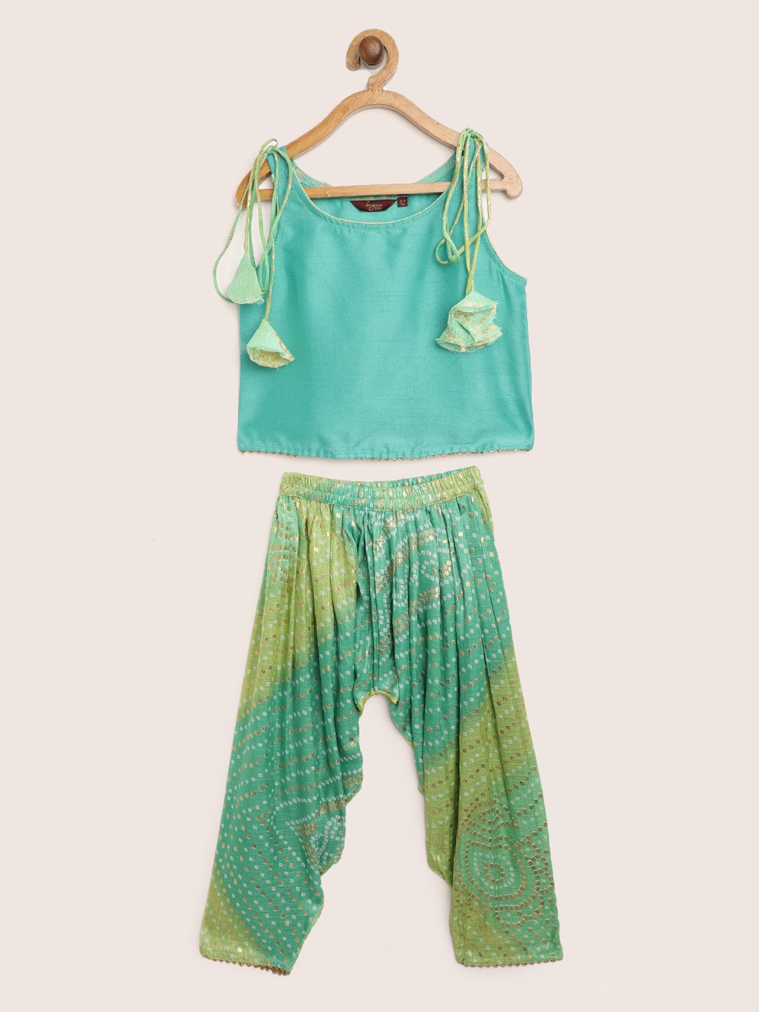 

Sangria Girls Green & Golden Solid Top with Bandhani Printed Salwar Pants