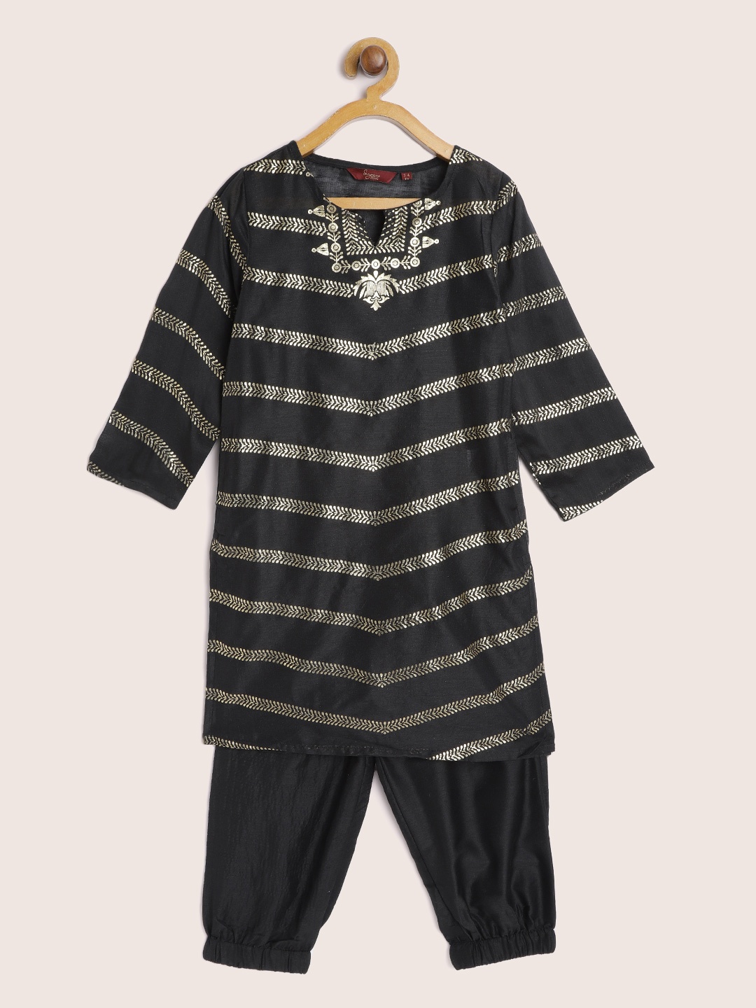 

Sangria Girls Black & Golden Ethnic Print Kurta with Pyjamas