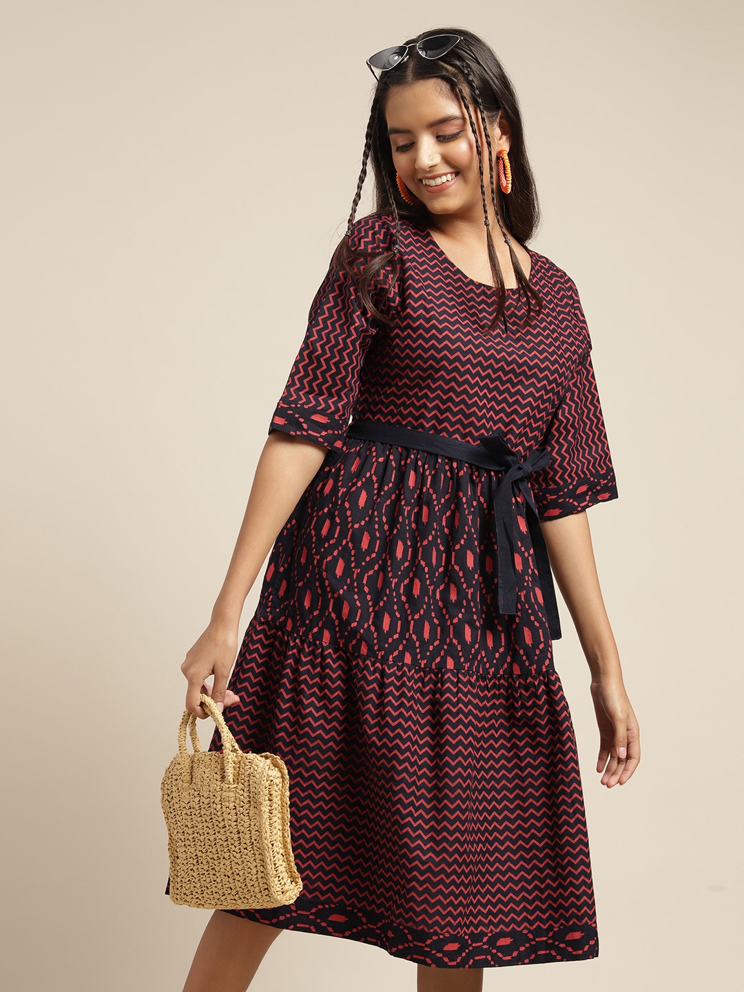 

Sangria Girls Navy Blue & Red Cotton Chevron & Abstract Print Tiered Fit & Flare Dress