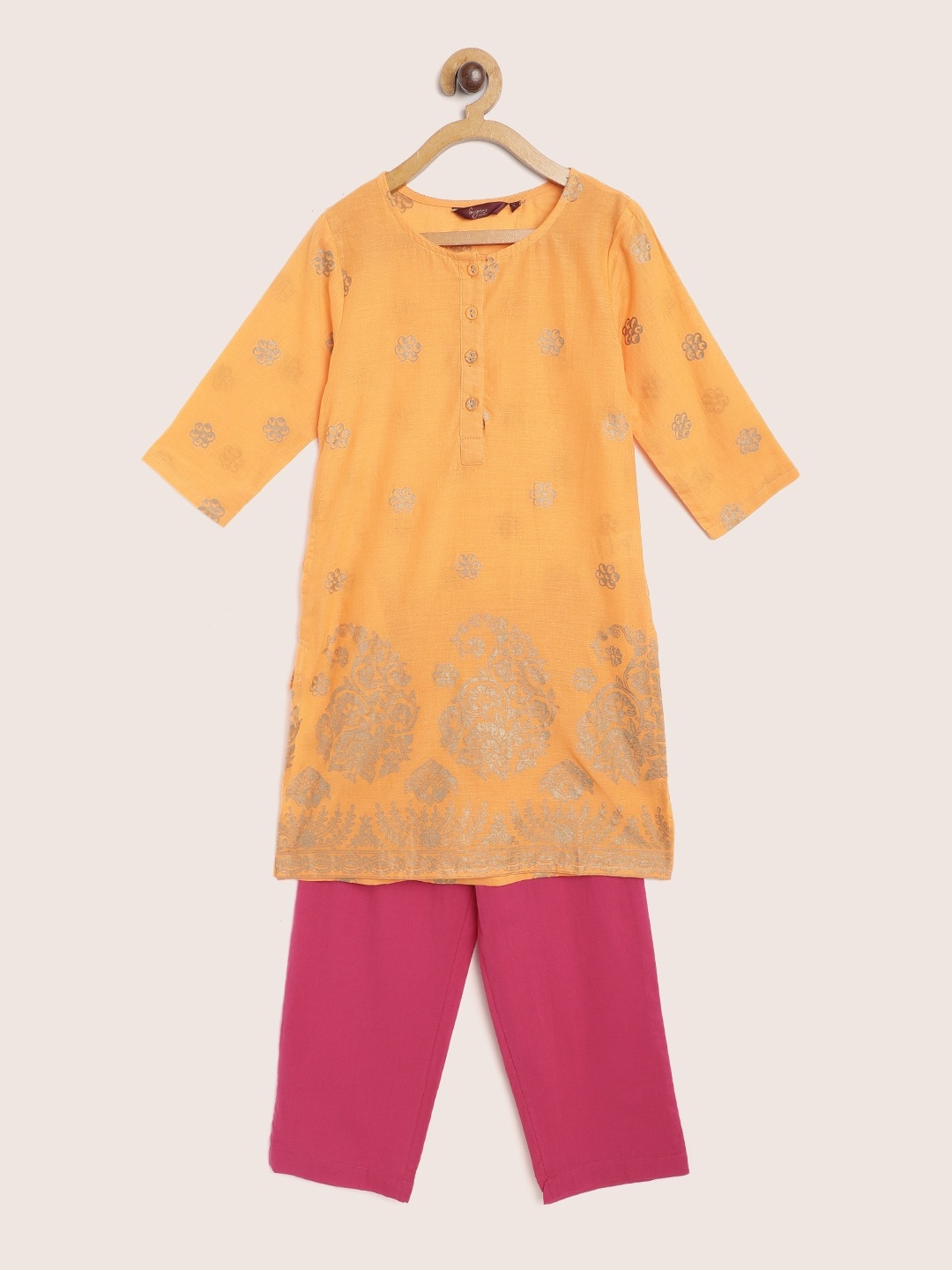 

Sangria Girls Orange & Pink Cotton Ethnic Motifs Print Straight Kurta with Trousers