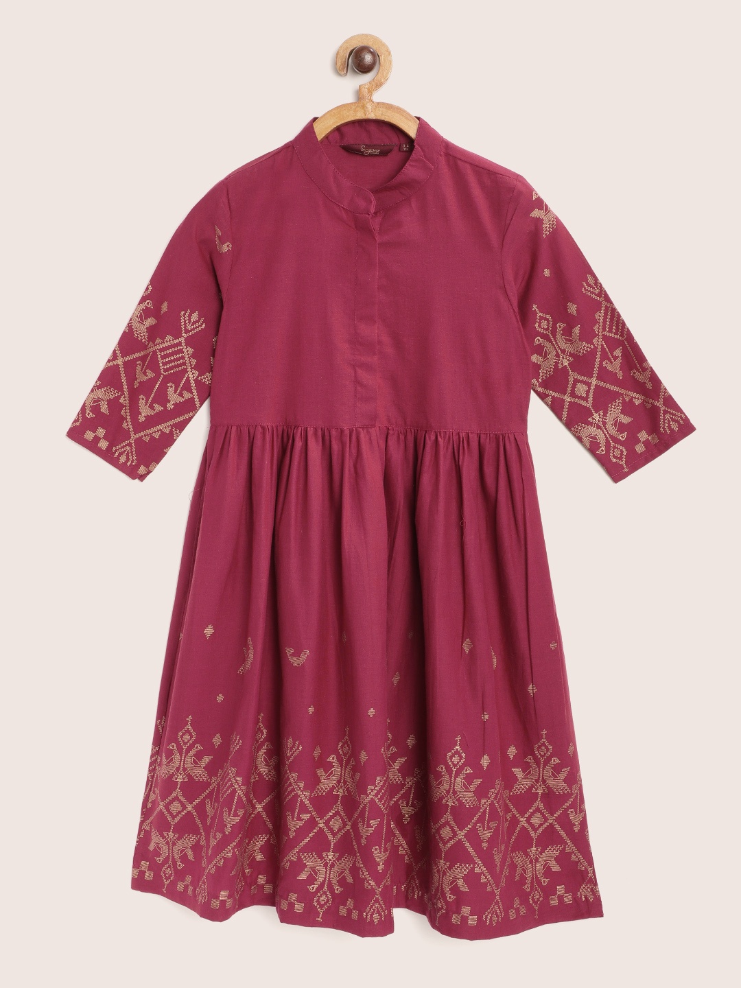 

Sangria Girls Maroon & Beige Ethnic Motifs Print Pure Cotton Fit & Flare Dress