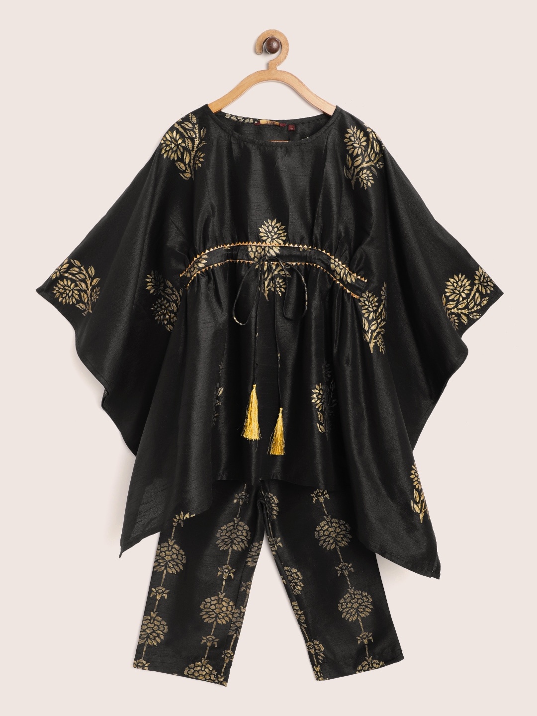 

Sangria Girls Black & Golden Ethnic Motifs Print Kaftan Kurta with Trousers