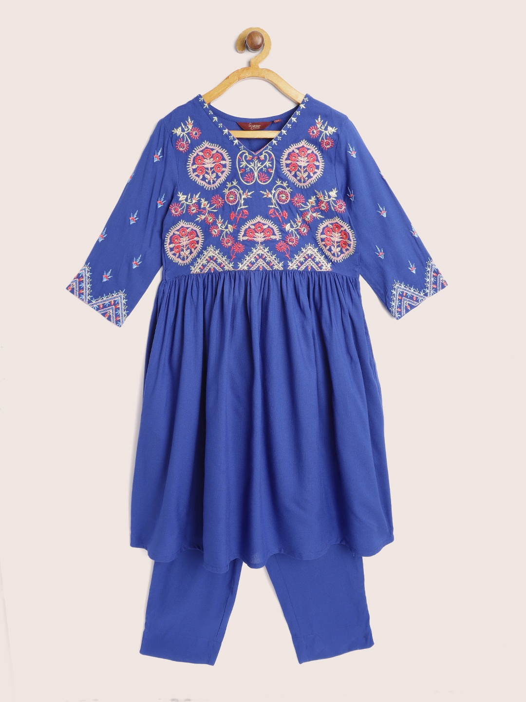 

Sangria Girls Navy Blue & Pink Yoke Embroidered Kurta with Trousers