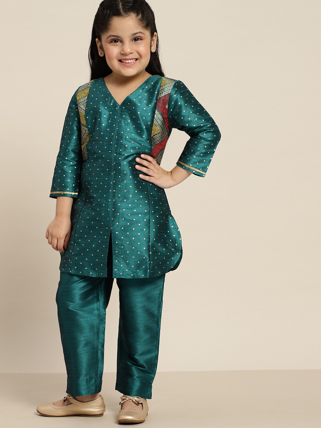 

Sangria Girls Teal Blue & Off-White Polka Dots Print Straight Kurta with Trousers