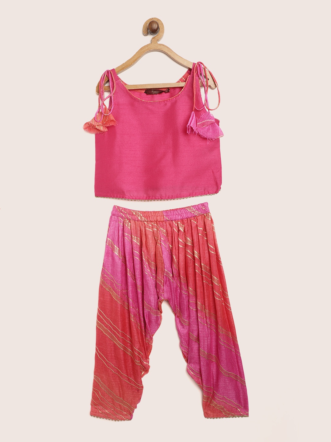 

Sangria Girls Pink & Golden Solid Top with Striped Salwar Pants