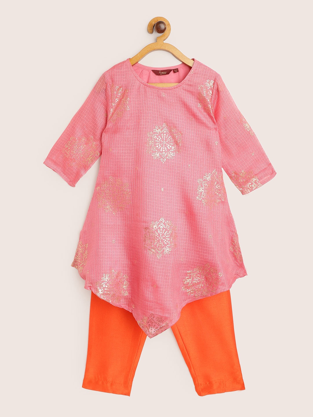 

Sangria Girls Pink & Orange Asymmetric Hem Ethnic Printed A-Line Kurta with Trousers