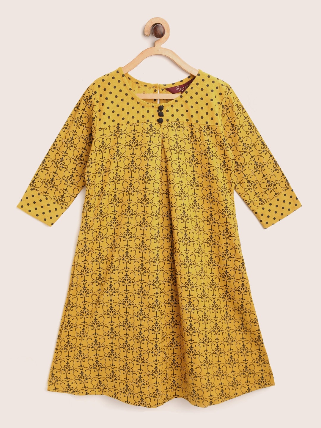 

Sangria Girls Mustard Yellow & Black Printed A-Line Dress