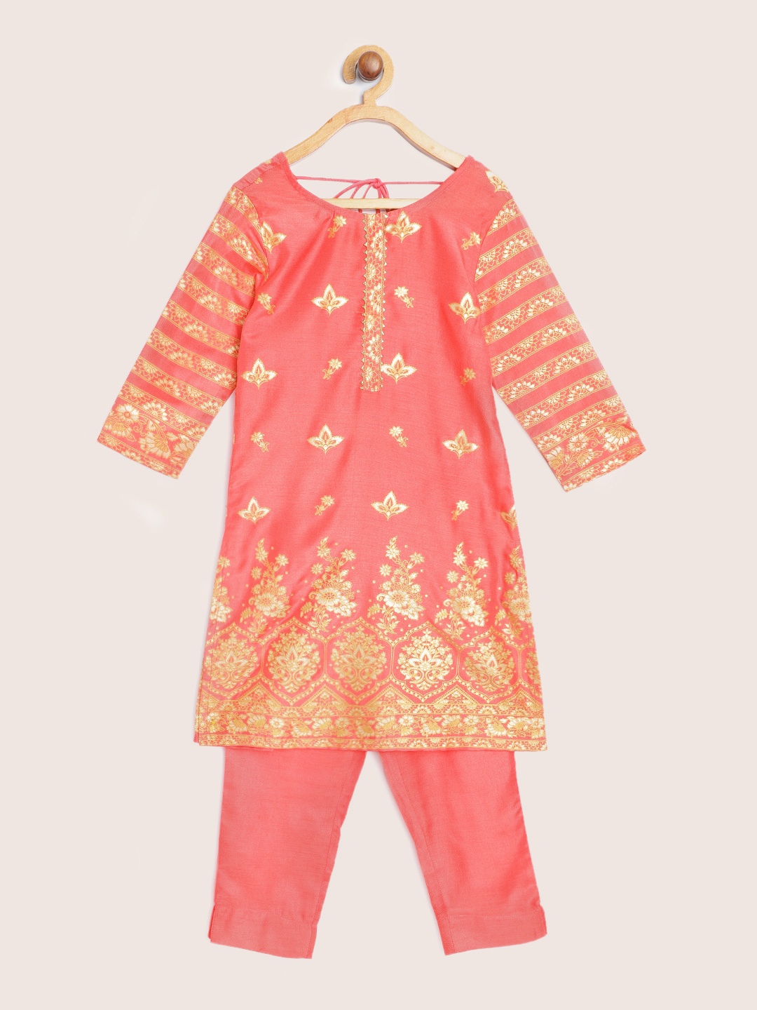 

Sangria Girls Coral Pink &Gold Ethnic Motifs Printed Gotta Patti Straight Kurta Palazzos