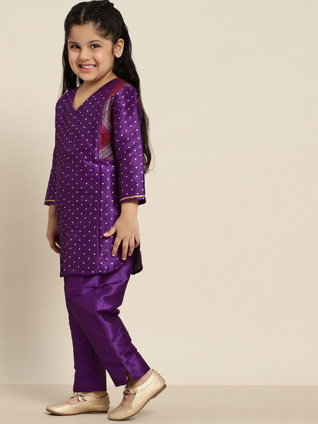 

Sangria Girls Violet & off-White Polka Dots Print Straight Kurta with Trousers