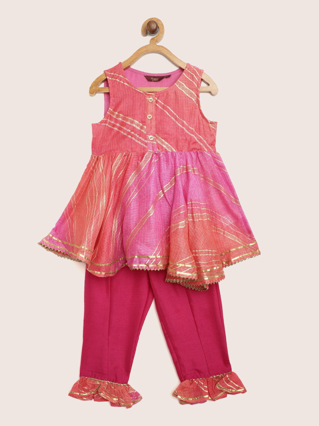 

Sangria Girls Pink & Golden Striped A-Line Kurta with Trousers