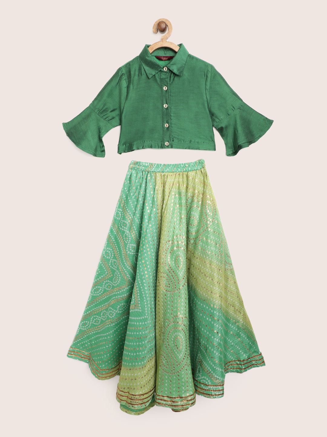 

Sangria Girls Green & Golden Bandhani Print Ready To Wear Fusion Lehenga with Blouse