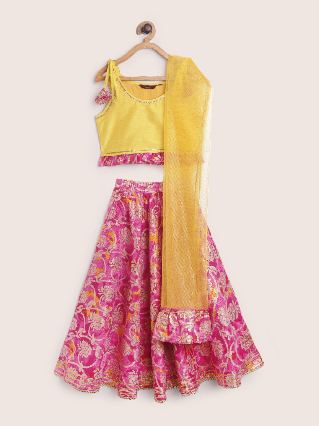 

Sangria Girls Pink & Yellow Printed Ready To Wear Lehenga & Blouse with Dupatta