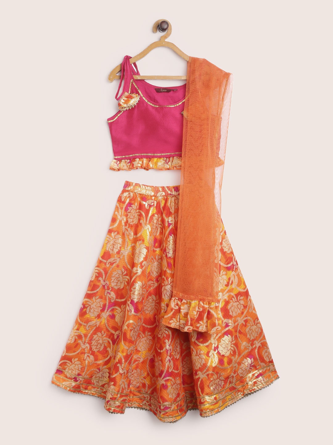 

Sangria Girls Orange & Pink Printed Ready To Wear Lehenga & Blouse with Dupatta