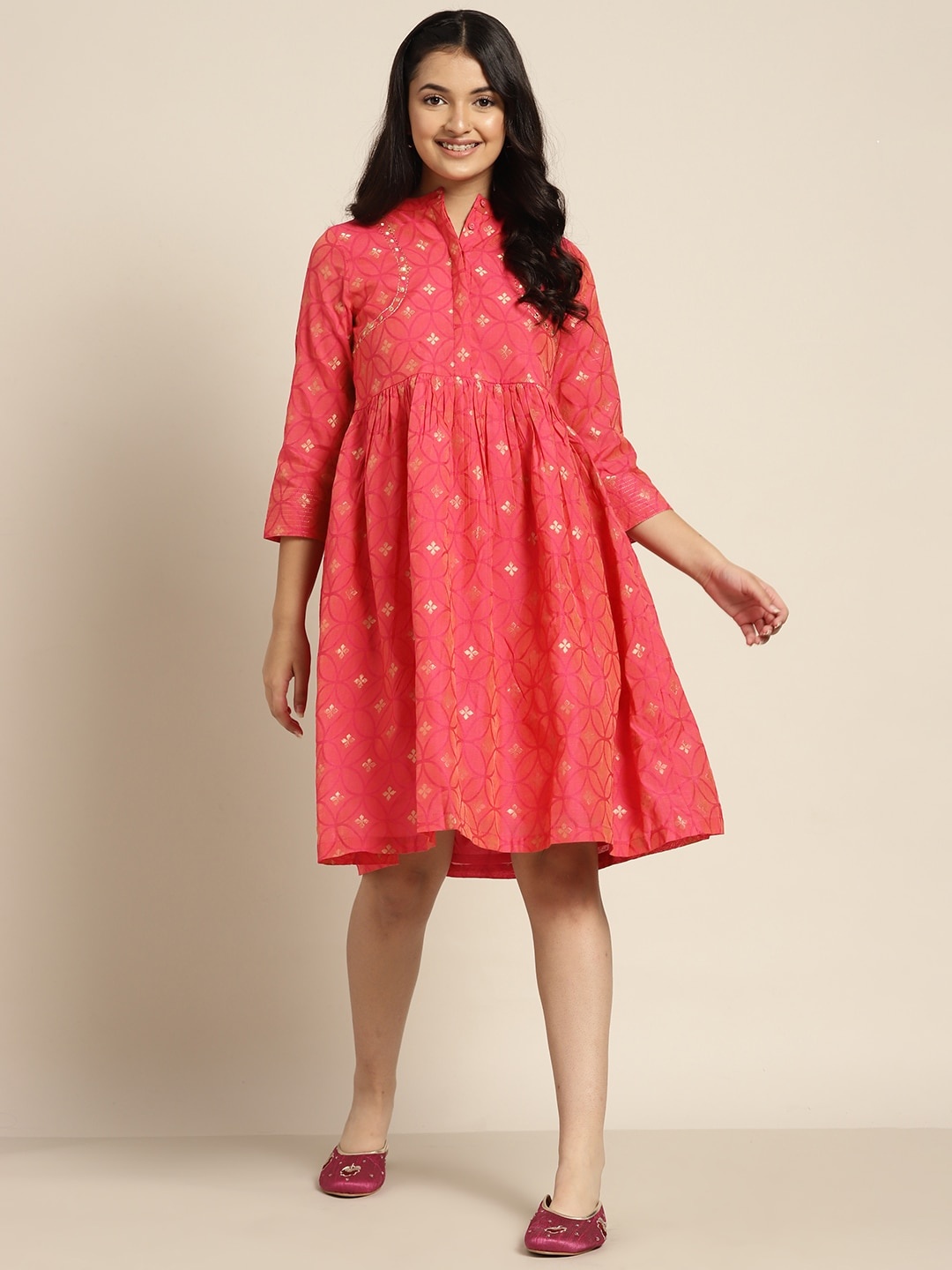 

Sangria Girls Coral Pink & Golden Geometric Woven Design A-Line Dress