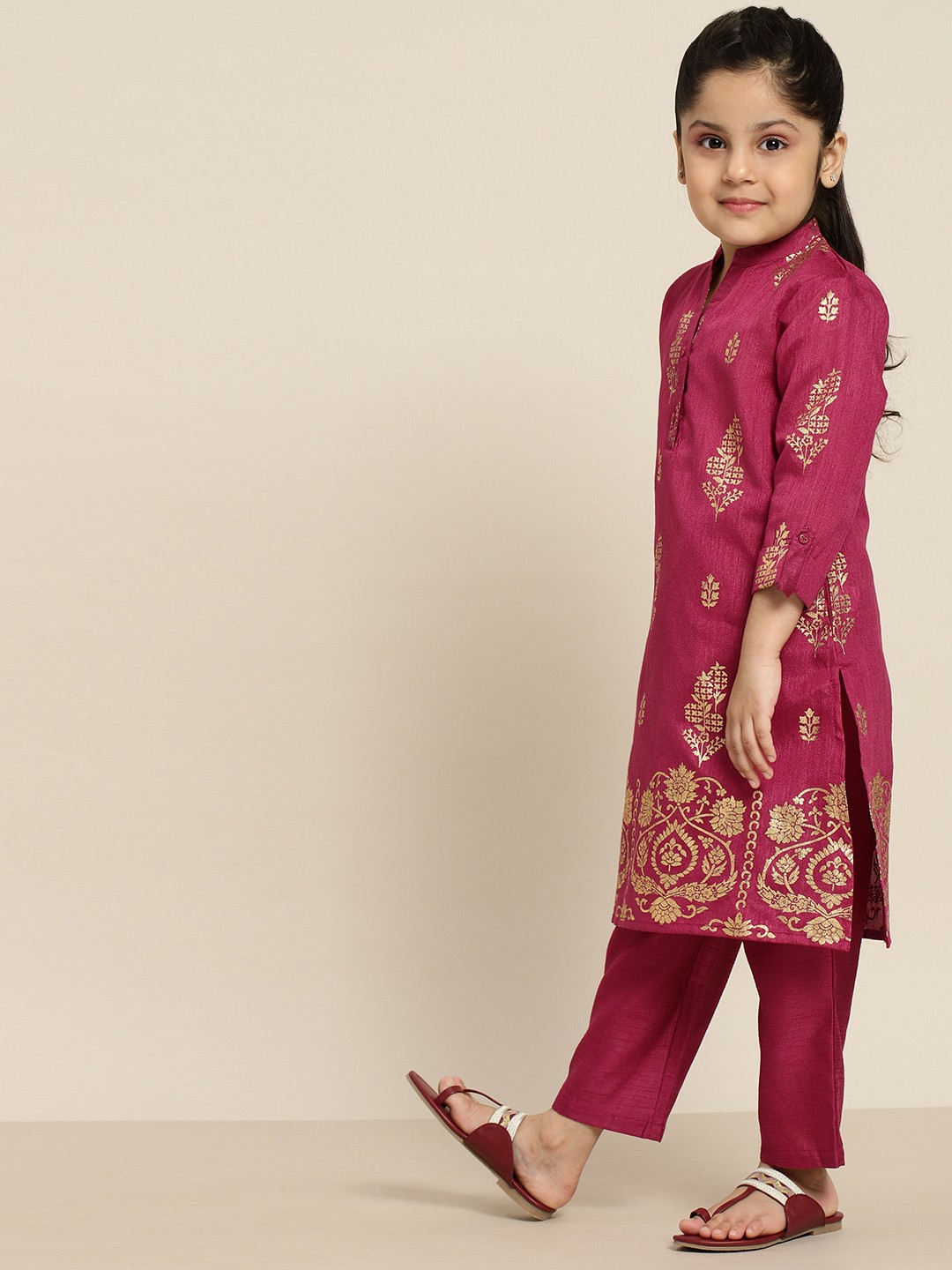 

Sangria Girls Fuchsia & Golden Ethnic Motifs Printed Straight Kurta with Trousers