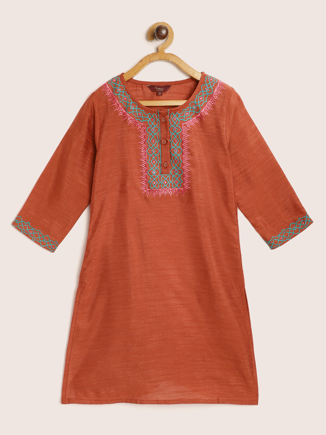 

Sangria Girls Rust Orange Yoke Embroidered Straight Kurta