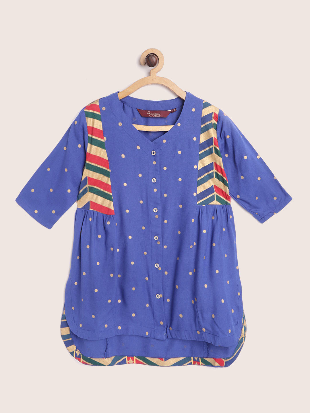 

Sangria Girls Blue & Golden Polka Dots Print High-Low A-Line Kurta