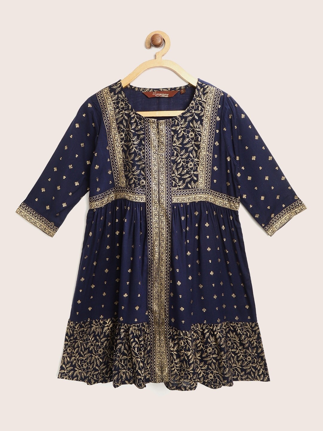 

Sangria Girls Navy Blue & Golden Ethnic Motifs Print A-Line Dress