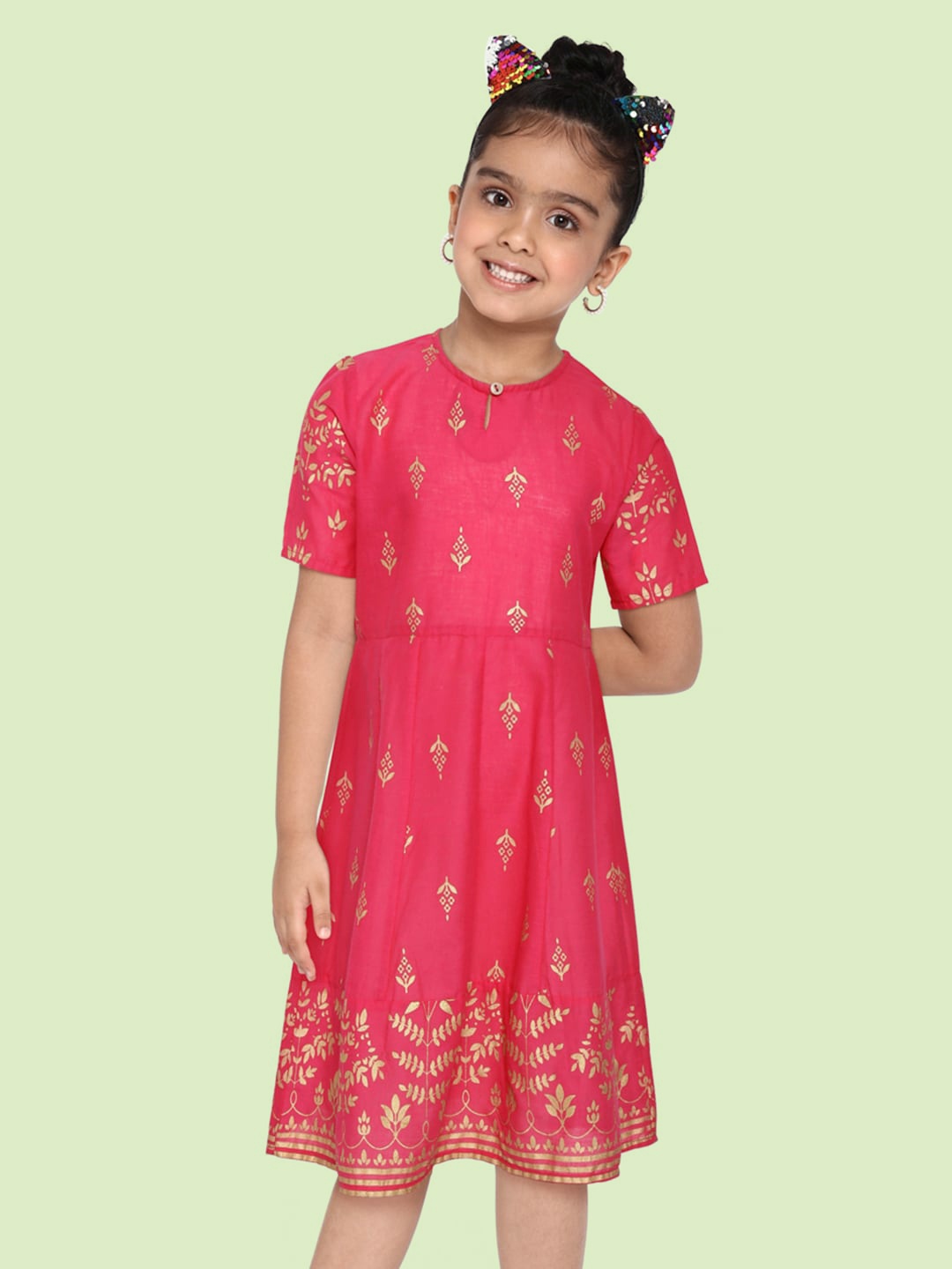 

Sangria Girls Pink & Golden Ethnic Motifs Print Pure Cotton Fit and Flare Dress