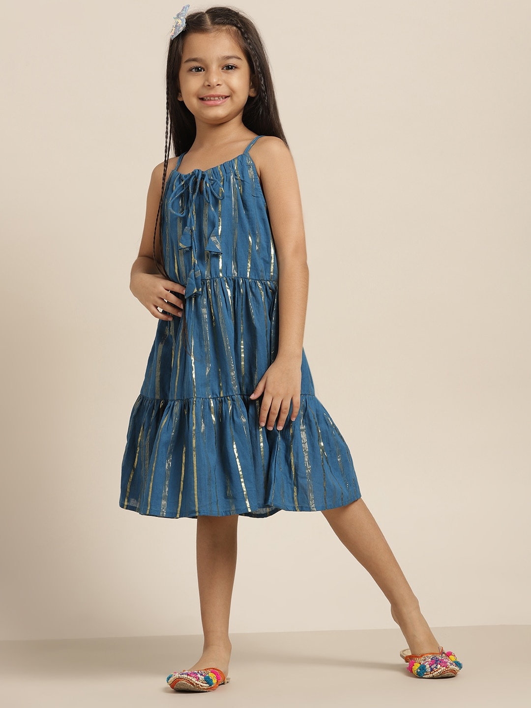 

Sangria Girls Teal Blue & Golden Striped Tiered A-Line Ethnic Dress