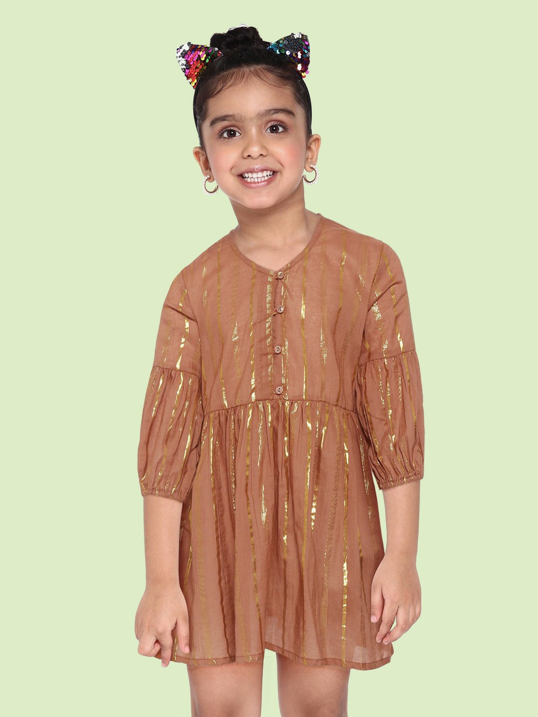 

Sangria Girls Rust Brown & Gold Striped Woven Design Cotton Fit & Flare Dress