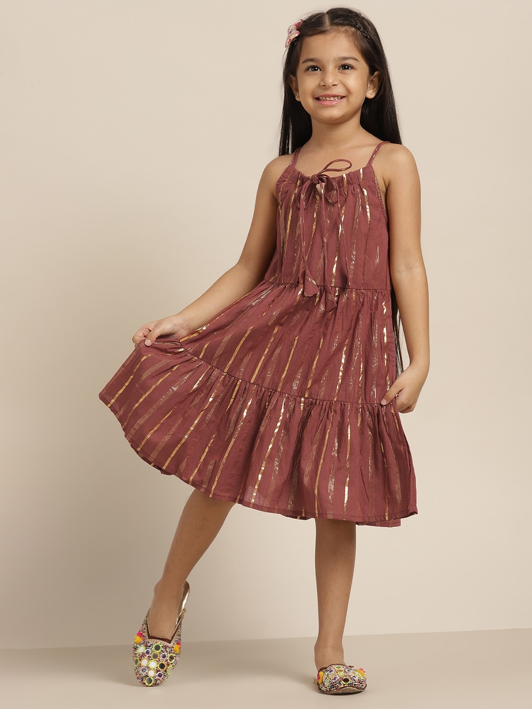 

Sangria Girls Girls Brick Red & Golden Striped Tiered A-Line Party Dress